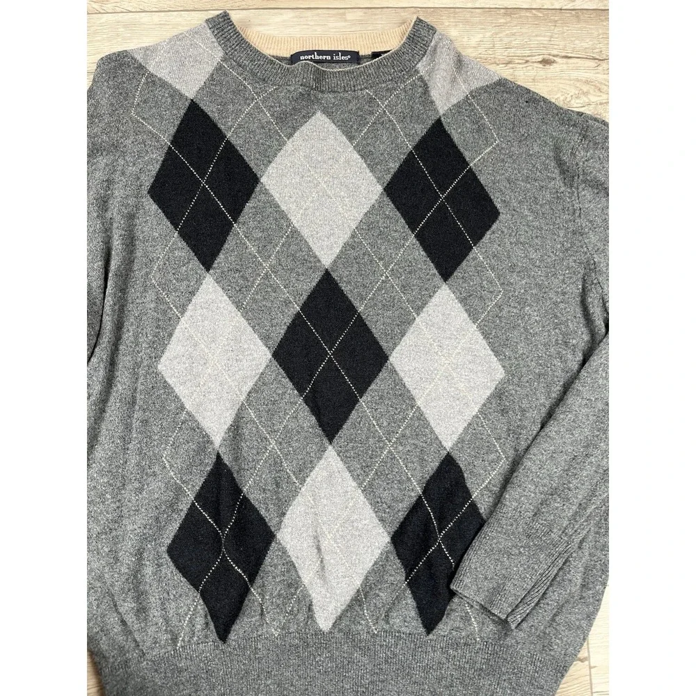 Vintage Northern Isles Sweater Men's Size XXL Gray Silk Cashmere Diamond‎ Argyle